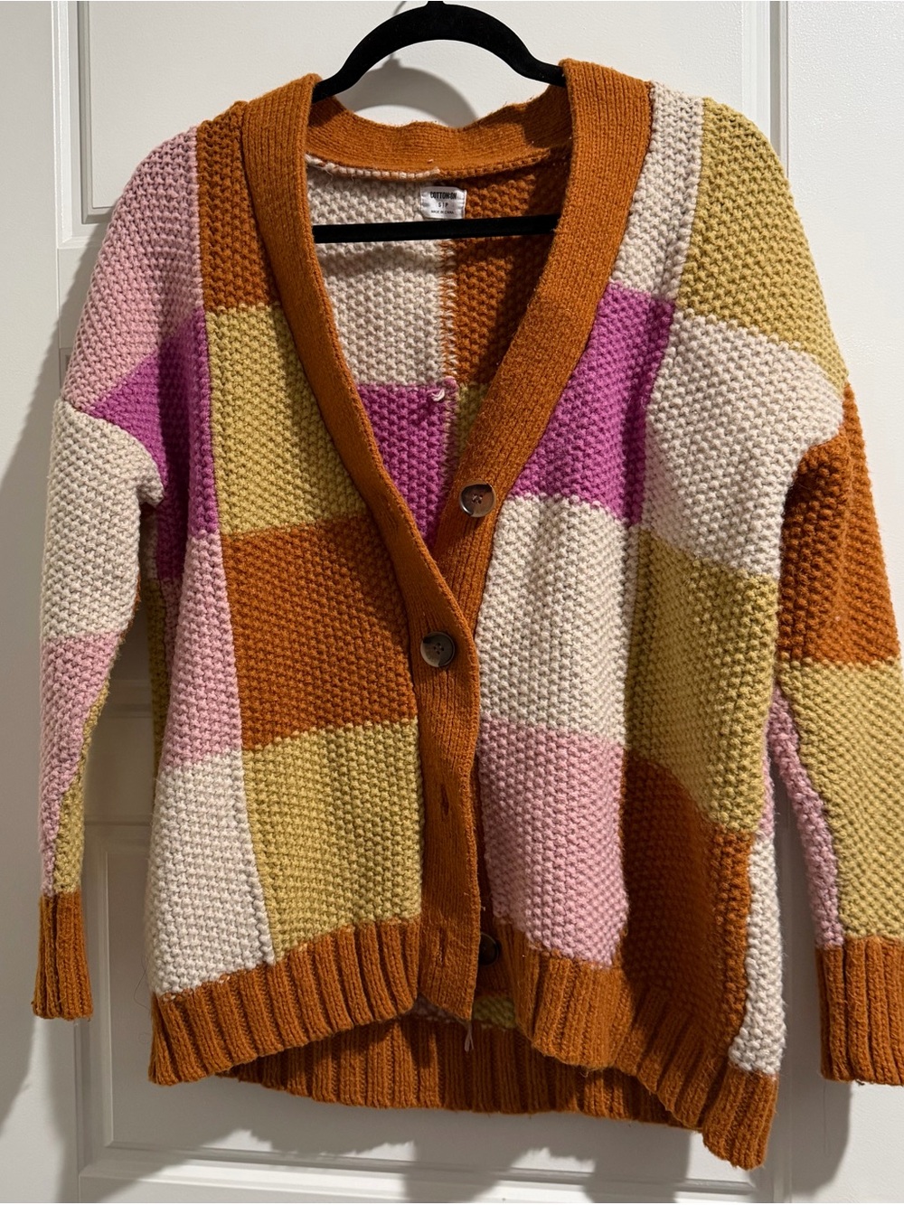 Cotton On Chunky Check Knit Cardigan Sweater - Pink, Mustard & Rust